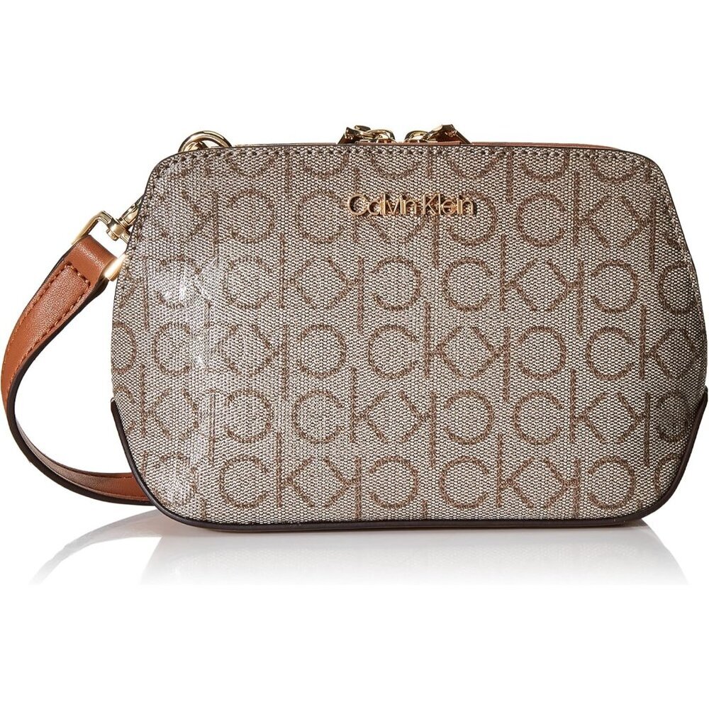 〽️Women's Almond Triple Compartment Logo Emboss Adjustable Strap Crossbody Bag